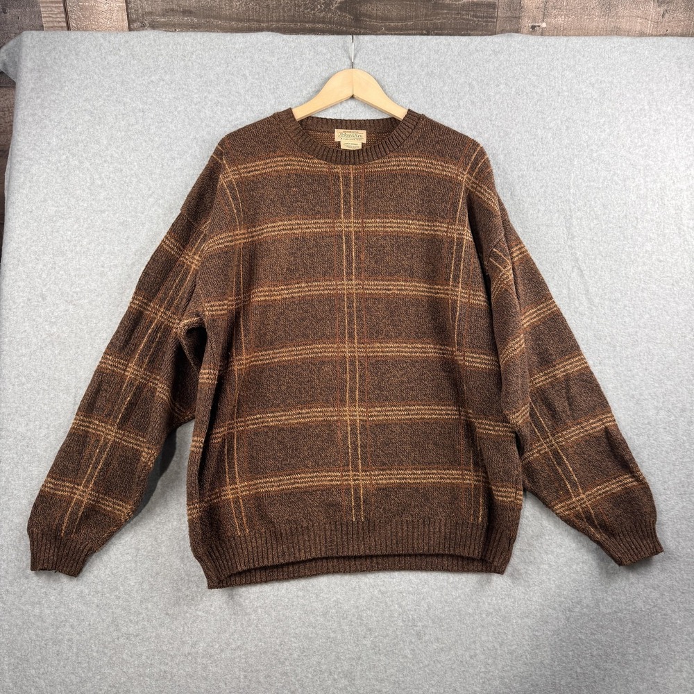 St Johns Bay Sweater Mens Large Brown Plaid Crewneck Cotton Blend Knit Grandpa